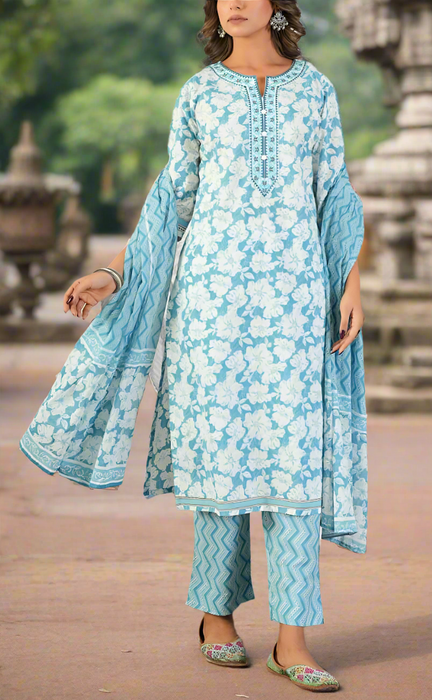 Sky Blue Flora Jaipur Cotton Kurti With Pant And Dupatta Set. Pure Versatile Cotton. | Laces and Frills