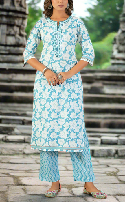 Sky Blue Flora Jaipur Cotton Kurti With Pant And Dupatta Set. Pure Versatile Cotton. | Laces and Frills