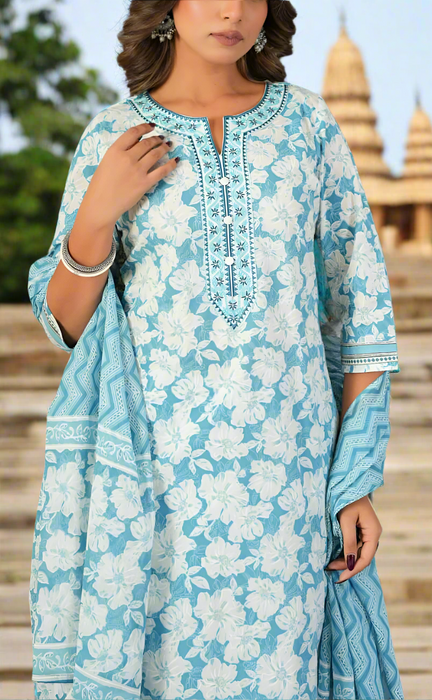 Sky Blue Flora Jaipur Cotton Kurti With Pant And Dupatta Set. Pure Versatile Cotton. | Laces and Frills