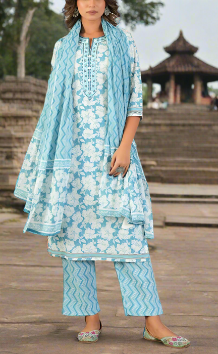 Sky Blue Flora Jaipur Cotton Kurti With Pant And Dupatta Set. Pure Versatile Cotton. | Laces and Frills