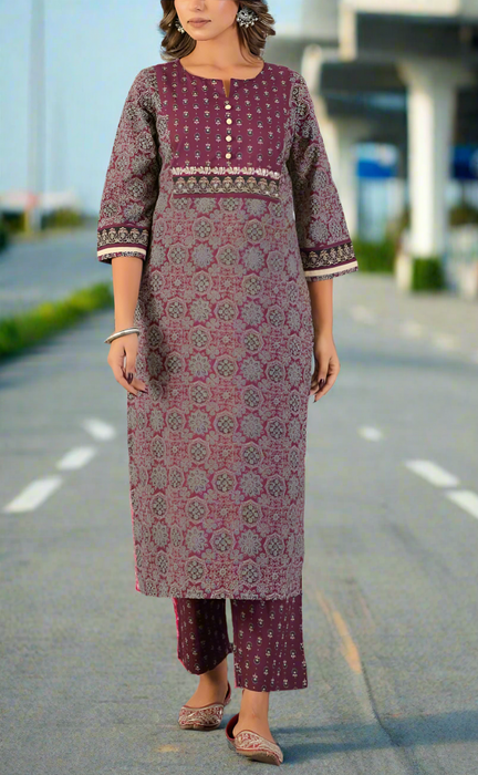 Wine Purple Garden Jaipur Cotton Kurti With Pant And Dupatta Set. Pure Versatile Cotton. | Laces and Frills