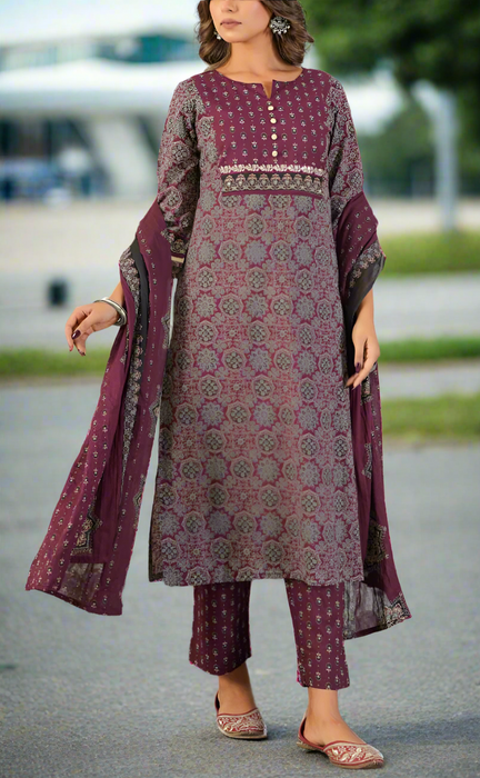 Wine Purple Garden Jaipur Cotton Kurti With Pant And Dupatta Set. Pure Versatile Cotton. | Laces and Frills