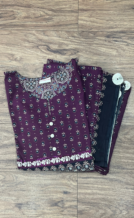 Wine Purple Garden Jaipur Cotton Kurti With Pant And Dupatta Set. Pure Versatile Cotton. | Laces and Frills