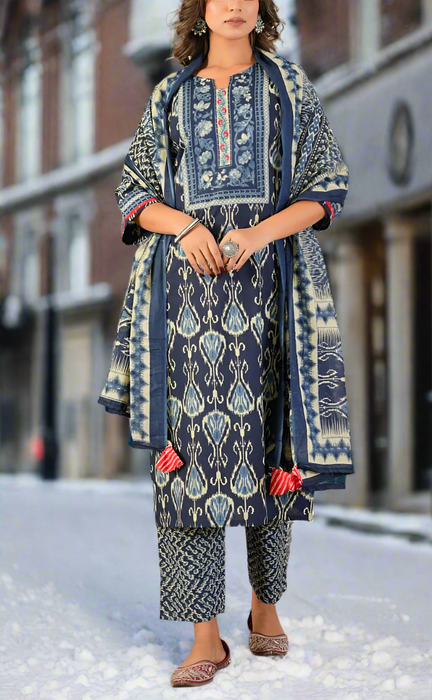 Navy Blue Ikat Print Jaipur Cotton Kurti With Pant And Dupatta Set. Pure Versatile Cotton. | Laces and Frills