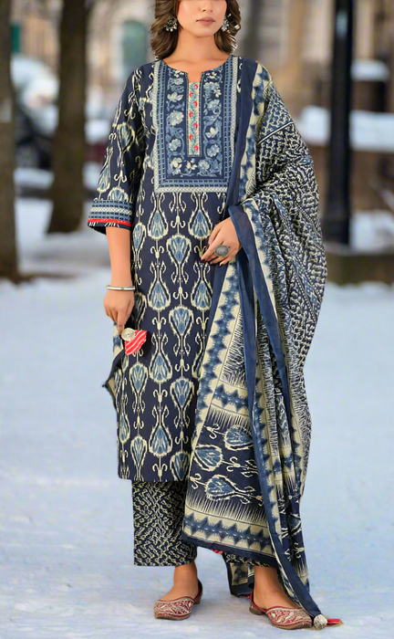 Navy Blue Ikat Print Jaipur Cotton Kurti With Pant And Dupatta Set. Pure Versatile Cotton. | Laces and Frills