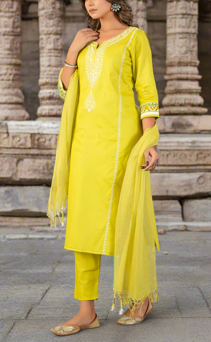 Lime Green Embroidery Jaipur Cotton Kurti With Pant And Dupatta Set. Pure Versatile Cotton. | Laces and Frills