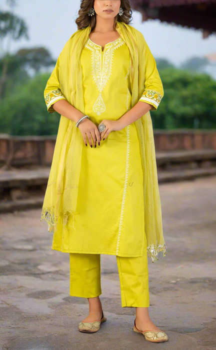 Lime Green Embroidery Jaipur Cotton Kurti With Pant And Dupatta Set. Pure Versatile Cotton. | Laces and Frills