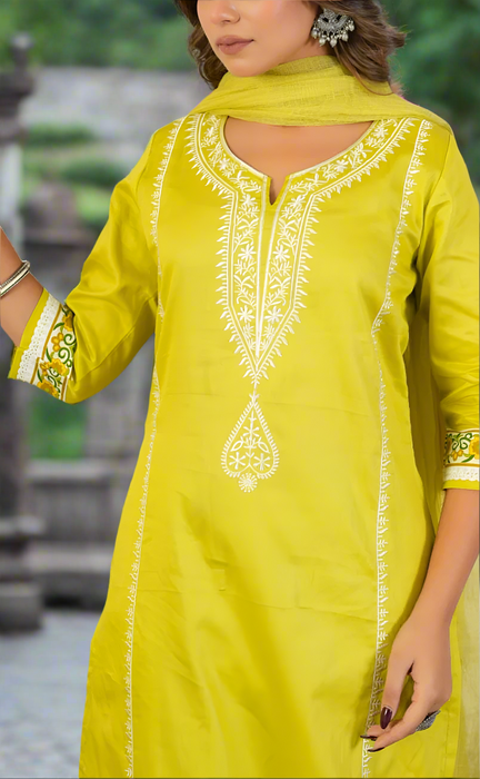 Lime Green Embroidery Jaipur Cotton Kurti With Pant And Dupatta Set. Pure Versatile Cotton. | Laces and Frills