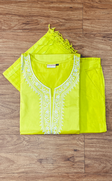 Lime Green Embroidery Jaipur Cotton Kurti With Pant And Dupatta Set. Pure Versatile Cotton. | Laces and Frills