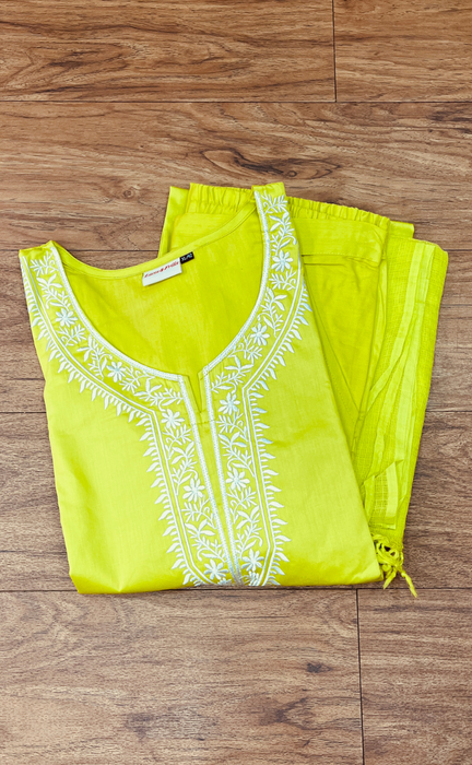 Lime Green Embroidery Jaipur Cotton Kurti With Pant And Dupatta Set. Pure Versatile Cotton. | Laces and Frills