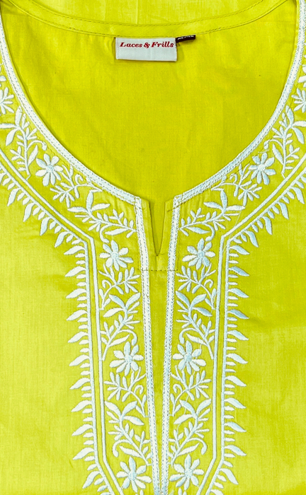 Lime Green Embroidery Jaipur Cotton Kurti With Pant And Dupatta Set. Pure Versatile Cotton. | Laces and Frills