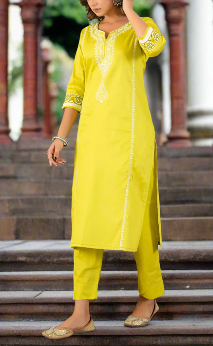 Lime Green Embroidery Jaipur Cotton Kurti With Pant And Dupatta Set. Pure Versatile Cotton. | Laces and Frills