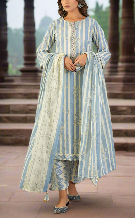 Light Blue Floral Jaipur Cotton Kurti With Pant And Dupatta Set. Pure Versatile Cotton. | Laces and Frills