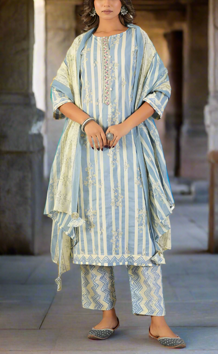 Light Blue Floral Jaipur Cotton Kurti With Pant And Dupatta Set. Pure Versatile Cotton. | Laces and Frills