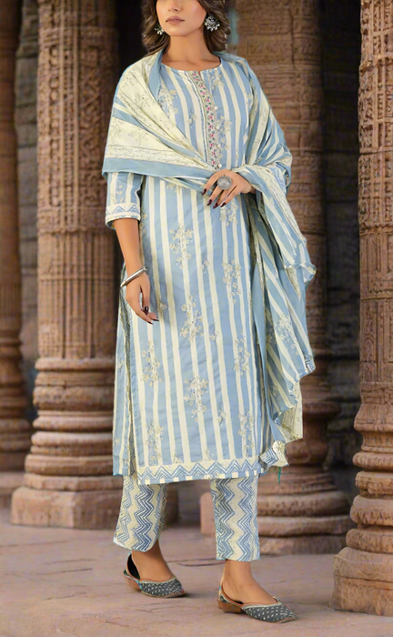 Light Blue Floral Jaipur Cotton Kurti With Pant And Dupatta Set. Pure Versatile Cotton. | Laces and Frills