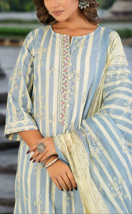 Light Blue Floral Jaipur Cotton Kurti With Pant And Dupatta Set. Pure Versatile Cotton. | Laces and Frills