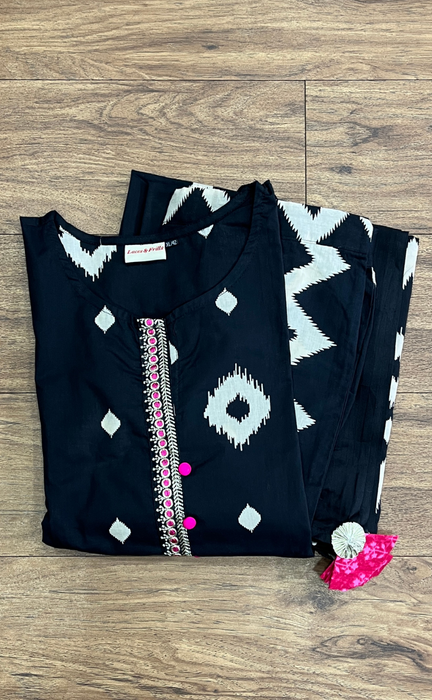 Black Ikat Jaipur Cotton Kurti With Pant And Dupatta Set. Pure Versatile Cotton. | Laces and Frills