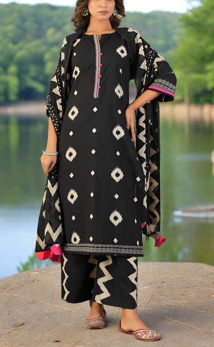 Black Ikat Jaipur Cotton Kurti With Pant And Dupatta Set. Pure Versatile Cotton. | Laces and Frills