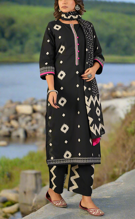 Black Ikat Jaipur Cotton Kurti With Pant And Dupatta Set. Pure Versatile Cotton. | Laces and Frills