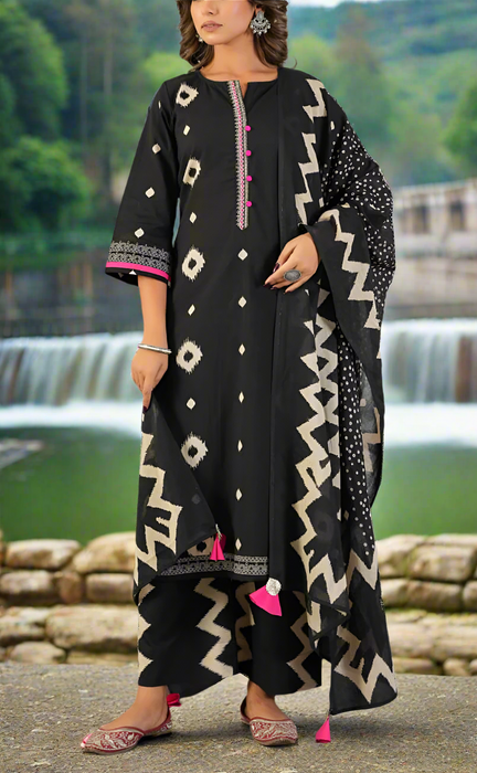 Black Ikat Jaipur Cotton Kurti With Pant And Dupatta Set. Pure Versatile Cotton. | Laces and Frills