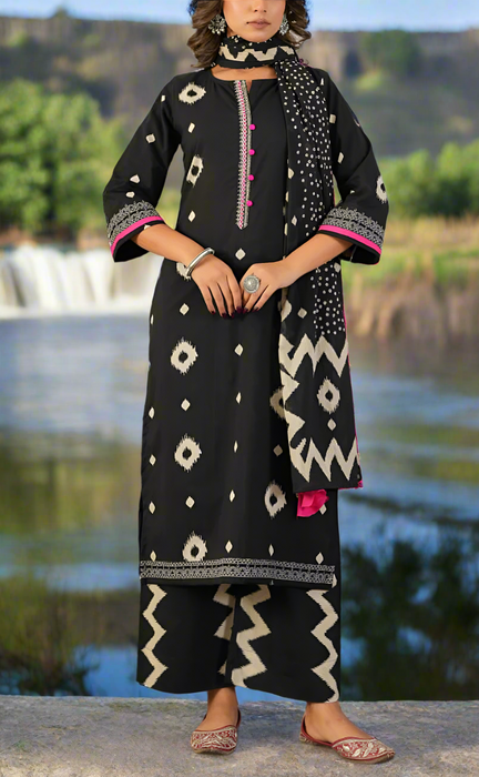 Black Ikat Jaipur Cotton Kurti With Pant And Dupatta Set. Pure Versatile Cotton. | Laces and Frills