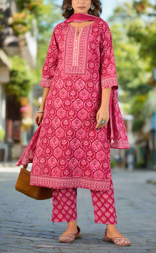 Hot Pink Floral Jaipur Cotton Kurti With Pant And Dupatta Set. Pure Versatile Cotton. | Laces and Frills