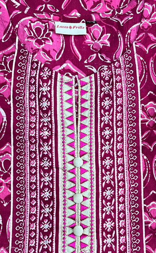 Hot Pink Floral Jaipur Cotton Kurti With Pant And Dupatta Set. Pure Versatile Cotton. | Laces and Frills