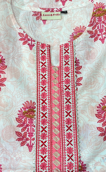 Baby Pink Motif Kurti With Pant And Dupatta Set.Pure Versatile Cotton. | Laces and Frills