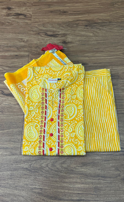 Yellow Motif Kurti With Pant And Dupatta Set  .Pure Versatile Cotton. | Laces and Frills