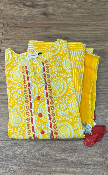 Yellow Motif Kurti With Pant And Dupatta Set  .Pure Versatile Cotton. | Laces and Frills