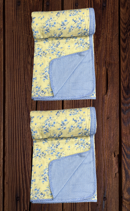 Blanket | Dohar. Light Yellow/Blue, Floral soft & Cozy. Two Pc Single bed | Laces and Frills