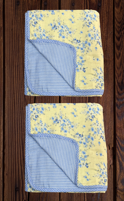 Blanket | Dohar. Light Yellow/Blue, Floral soft & Cozy. Two Pc Single bed | Laces and Frills