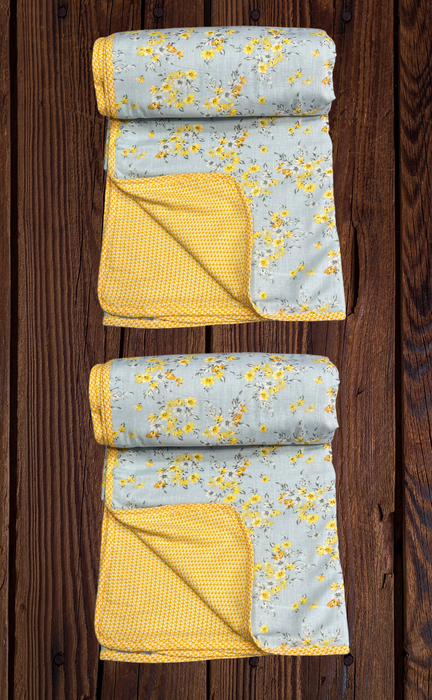 Blanket | Dohar. Grey/Yellow Floral soft & Cozy. Two Pc Single bed | Laces and Frills