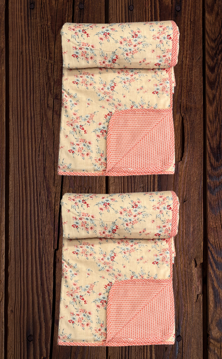 Blanket | Dohar. Peach/Orange Floral, soft & Cozy. Two Pc Single bed | Laces and Frills