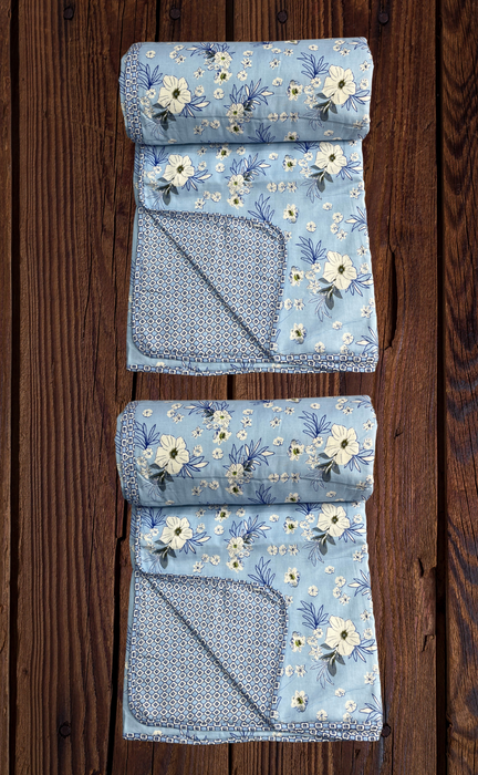 Blanket | Dohar. Blue Flora, soft & Cozy. Two Pc Single bed | Laces and Frills