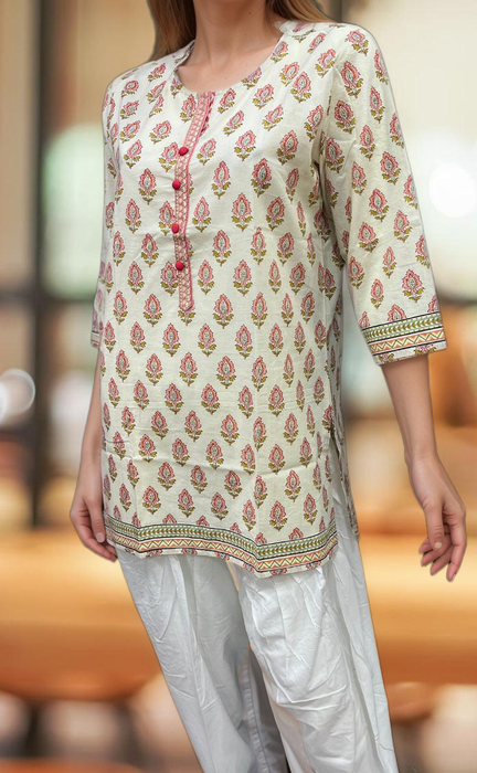 Off White/Peach Floral Jaipuri Cotton Short Kurti. Pure Versatile Cotton. | Laces and Frills