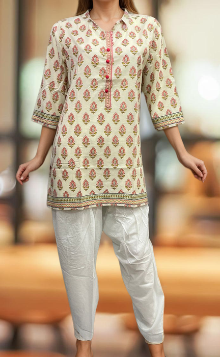 Off White/Peach Floral Jaipuri Cotton Short Kurti. Pure Versatile Cotton. | Laces and Frills