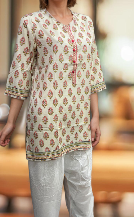 Off White/Peach Floral Jaipuri Cotton Short Kurti. Pure Versatile Cotton. | Laces and Frills