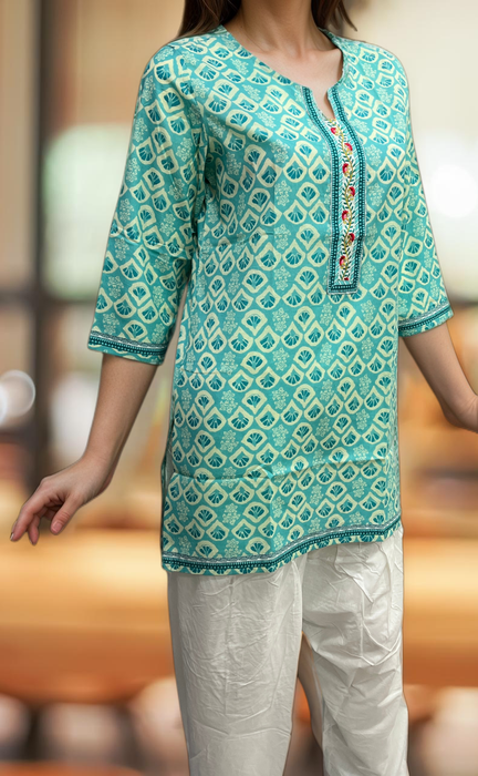 Sea Green Abstract Jaipuri Cotton Short Kurti. Pure Versatile Cotton. | Laces and Frills