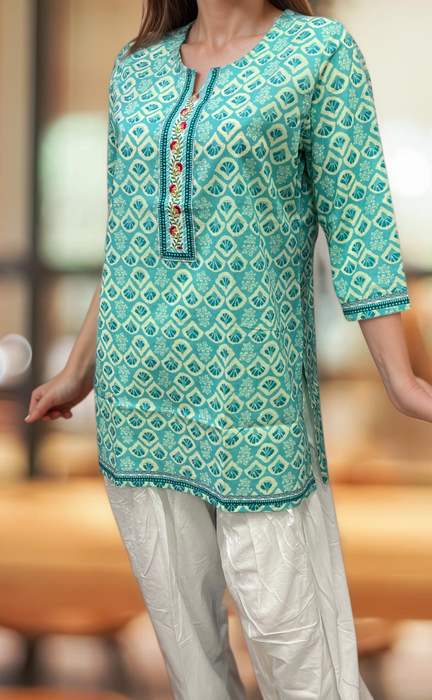 Sea Green Abstract Jaipuri Cotton Short Kurti. Pure Versatile Cotton. | Laces and Frills