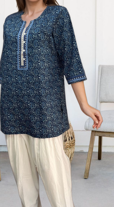 Navy Blue Manga Motif Jaipuri Cotton Short Kurti. Pure Versatile Cotton. | Laces and Frills