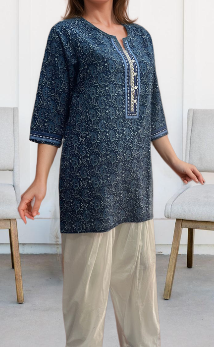 Navy Blue Manga Motif Jaipuri Cotton Short Kurti. Pure Versatile Cotton. | Laces and Frills