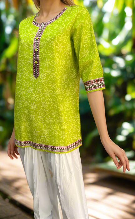 Green Bandini Jaipuri Cotton Short Kurti. Pure Versatile Cotton. | Laces and Frills