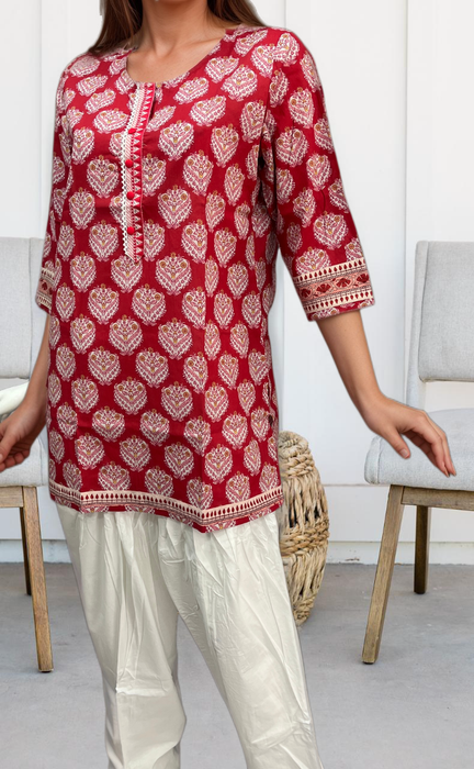 Red Garden Jaipuri Cotton Short Kurti. Pure Versatile Cotton. | Laces and Frills