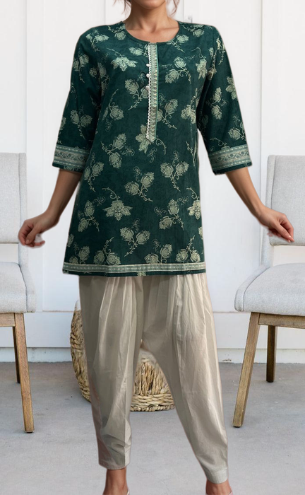 Sea Green Floral Jaipuri Cotton Short Kurti. Pure Versatile Cotton. | Laces and Frills