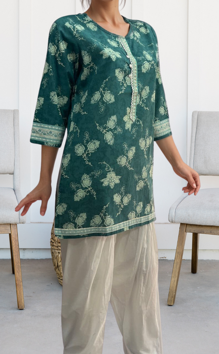 Sea Green Floral Jaipuri Cotton Short Kurti. Pure Versatile Cotton. | Laces and Frills