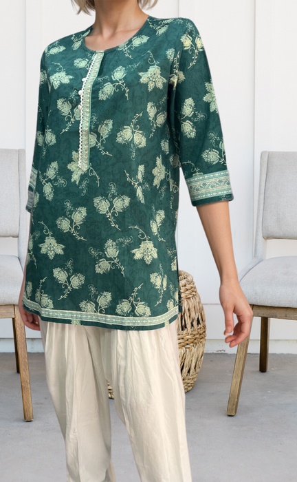 Sea Green Floral Jaipuri Cotton Short Kurti. Pure Versatile Cotton. | Laces and Frills