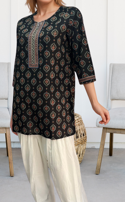 Black Garden Jaipuri Cotton Short Kurti. Pure Versatile Cotton. | Laces and Frills