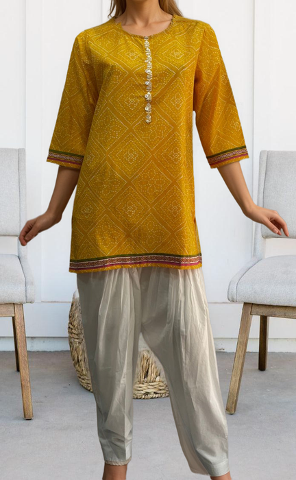 Yellow Bandini Jaipuri Cotton Short Kurti. Pure Versatile Cotton. | Laces and Frills