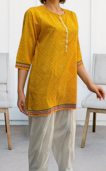 Yellow Bandini Jaipuri Cotton Short Kurti. Pure Versatile Cotton. | Laces and Frills